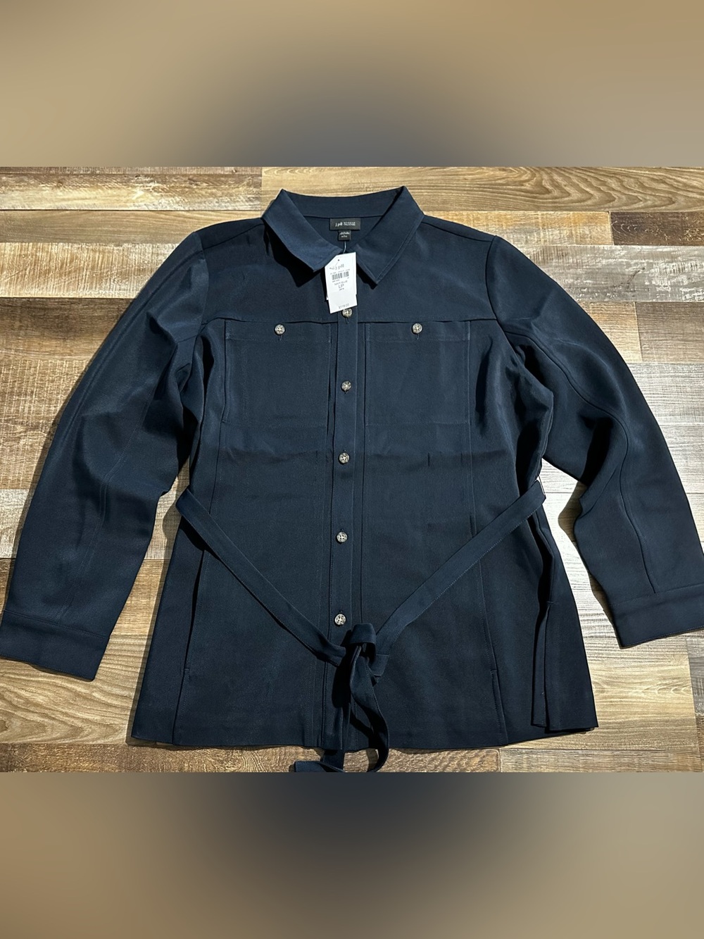 J Jill Wearever Collection Navy Button-Front Belted Jacket